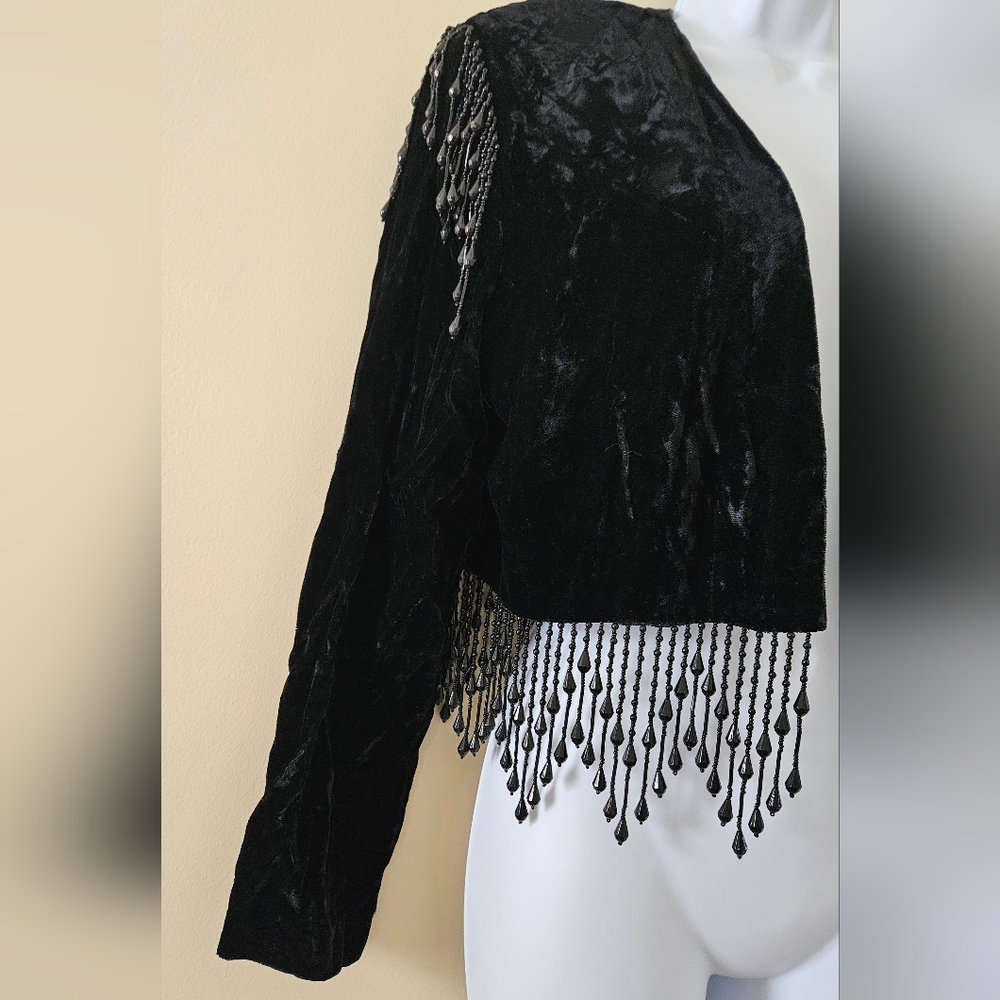 Vintage ALEX EVENINGS Cropped Velvet Jacket Beaded Fringe Retro Glam Size Large - Picture 8 of 13